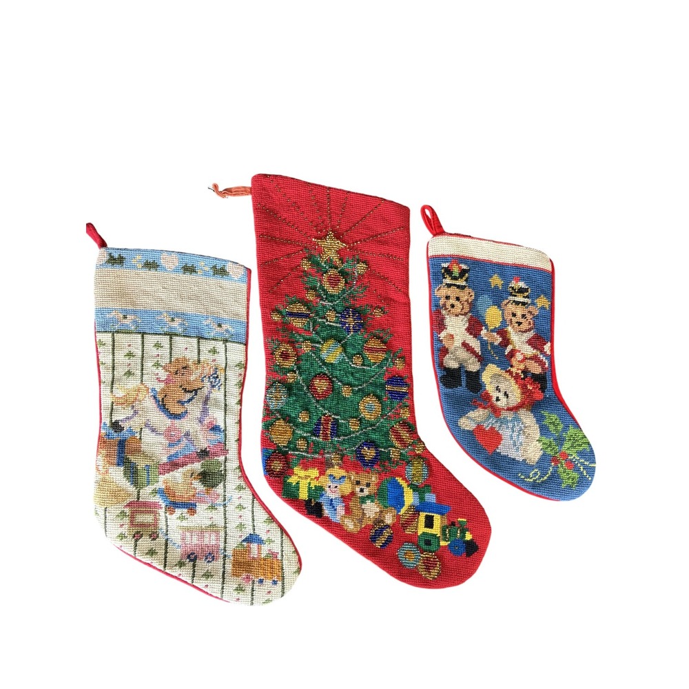 Imperial Elegance Needlepoint Christmas Stockings Set‎ of 3 Beaded Lined Bears